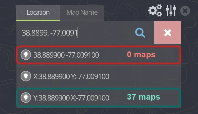 topoView coordinate search for 38.8899, -77.0091 with the first suggestion returning 0 maps and the Y and X suggestion returning 37 maps