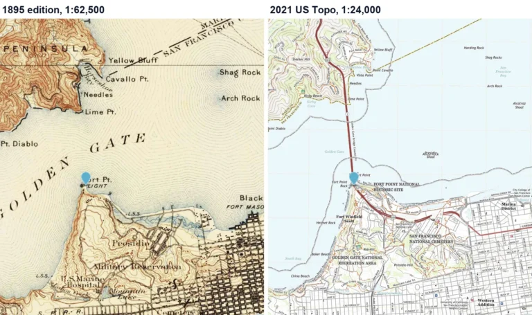 Side-by-side USGS topographic maps of the Golden Gate area, the 1895 edition without the bridge and the 2021 US Topo with the Golden Gate Bridge