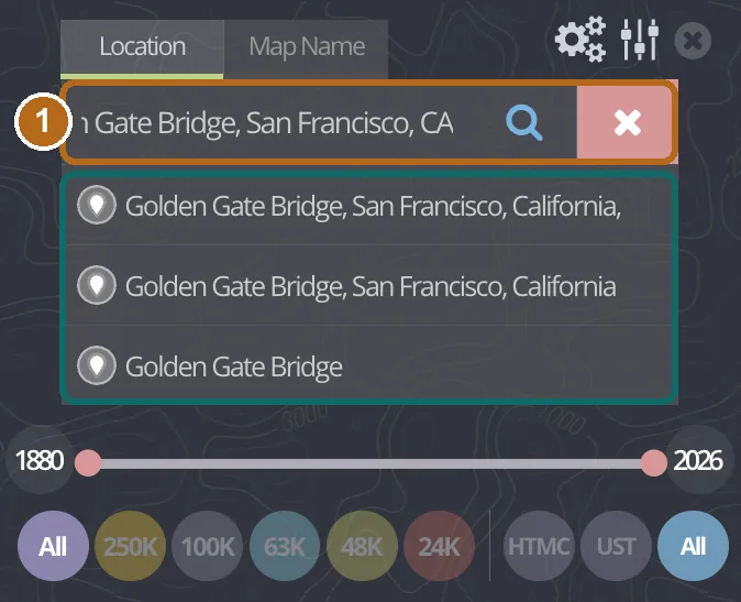 topoView location search box with three suggestions for Golden Gate Bridge, San Francisco