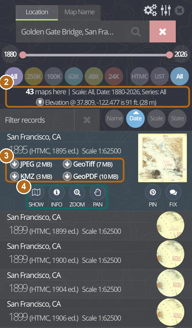topoView map list showing 43 maps, the 1895 San Francisco record and its JPEG, KMZ, GeoTIFF and GeoPDF download buttons