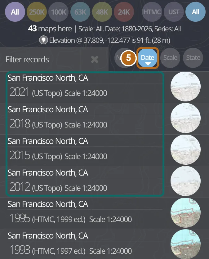 topoView map list sorted by date with US Topo maps from 2021, 2018, 2015 and 2012 at the top