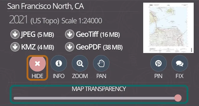 topoView record panel with the Hide button and map transparency slider shown after previewing a map