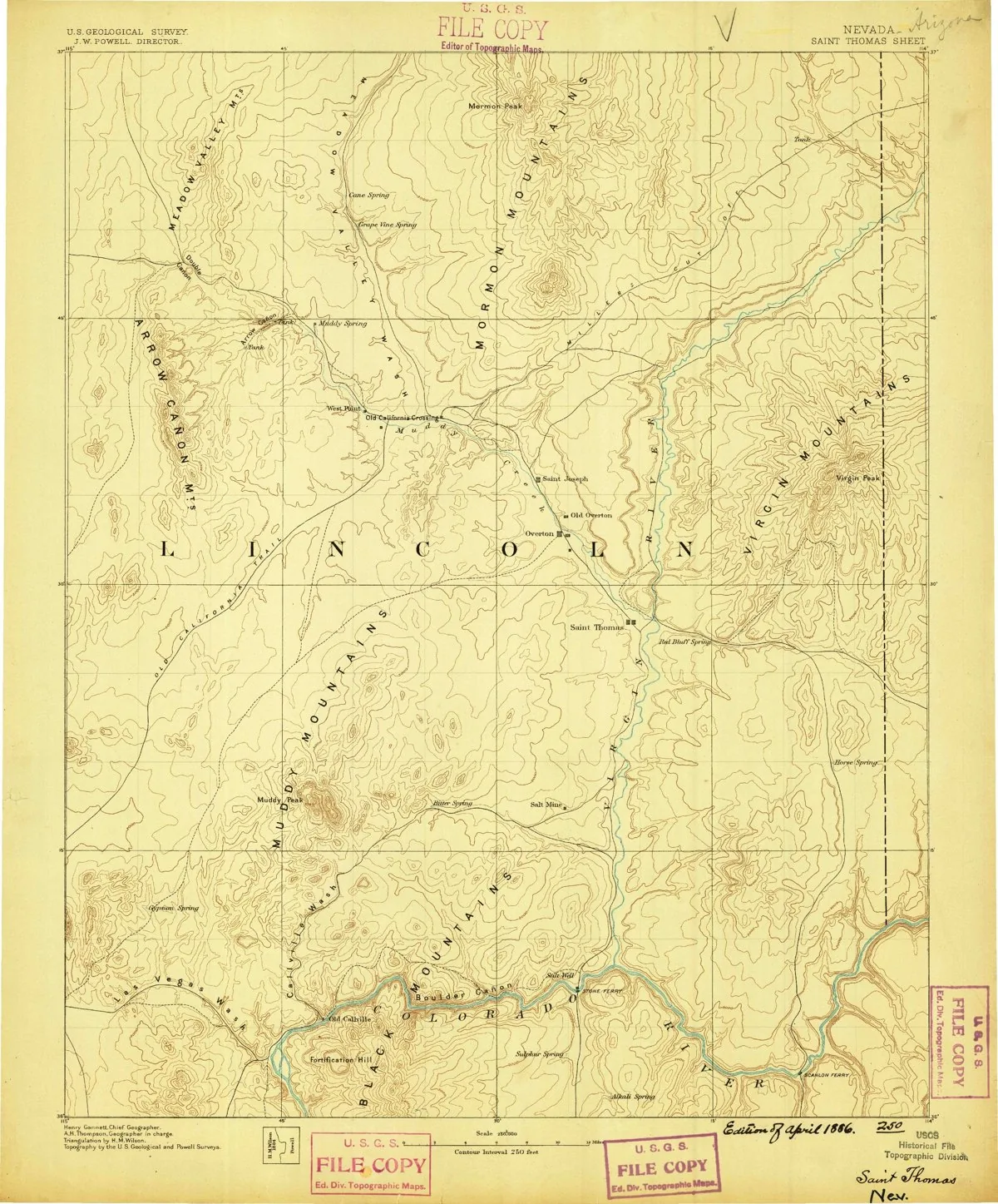 Full USGS Saint Thomas, Nevada topographic sheet from 1886 at 1:250,000 scale, downloaded as JPEG from topoView